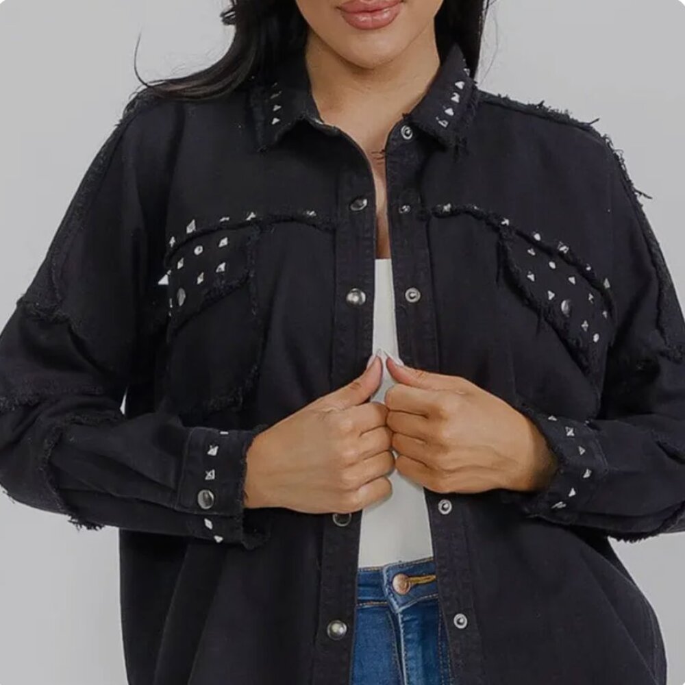 {Zara} Oversized Black Denim Silver Studded Jacket ~ Size Small